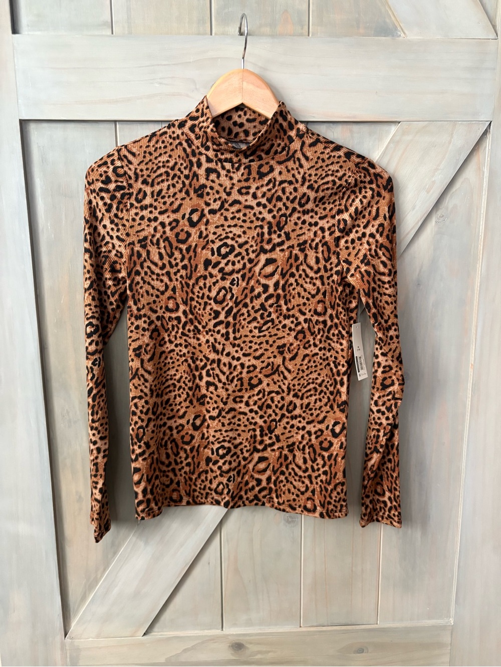 Leopard Print Long Sleeved Ribbed Mock Neck Top - Brown/Black
